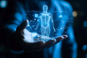 A doctor carefully examines a virtual x-ray projection with focused attention. The integration of advanced technology in medical diagnostics. Generative A